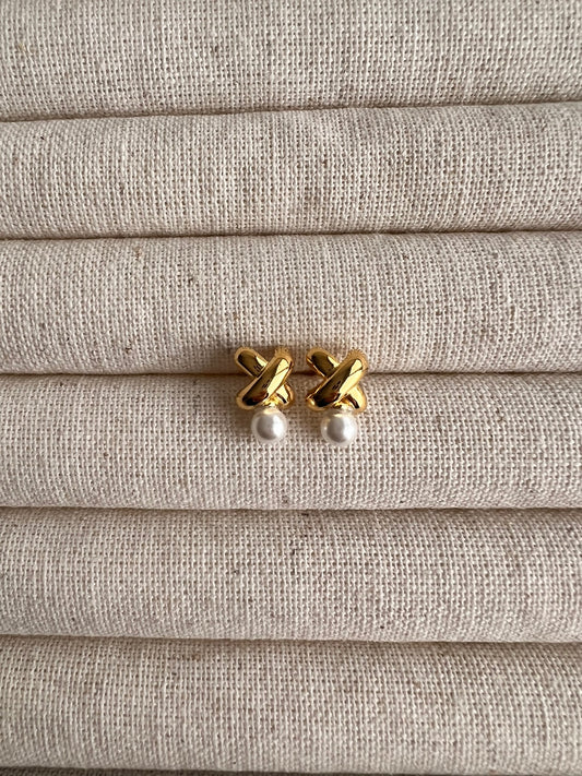 Lonian Little Cross Pearl Point Studs